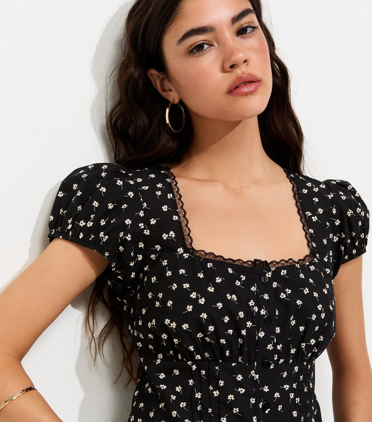 New Look Black Cotton Floral Lace Trim Top