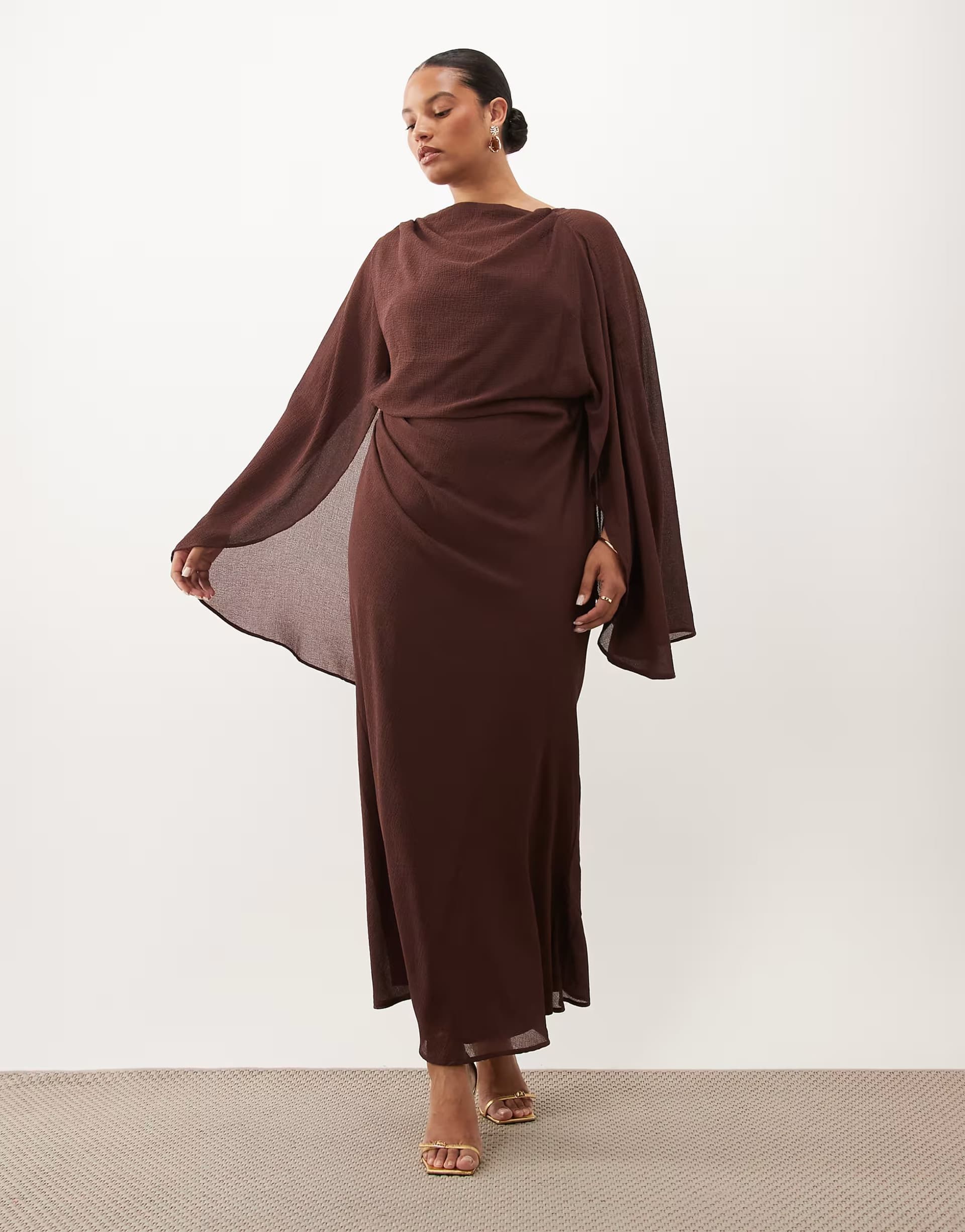 ASOS ASOS DESIGN Curve kimono sleeve cape detail draped midaxi dress with open back in chocolate