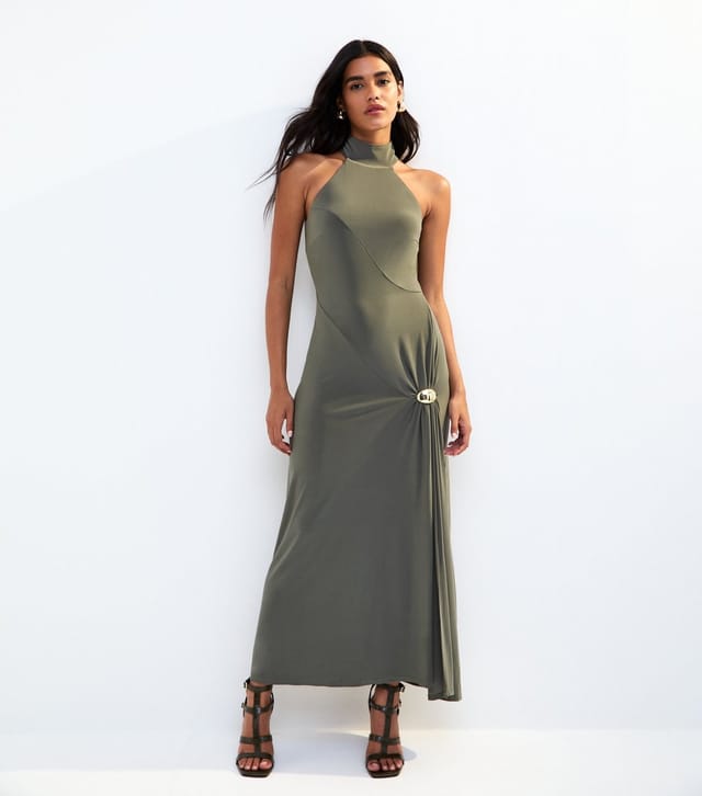 New Look Women's Khaki Asymmetric Panelled Halterneck Midi Dress New Look - 2