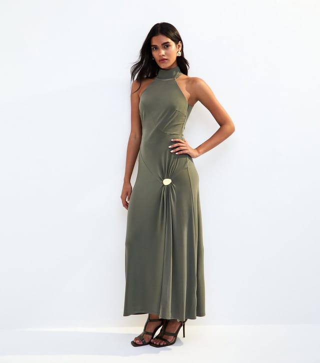 New Look Women's Khaki Asymmetric Panelled Halterneck Midi Dress New Look - 3