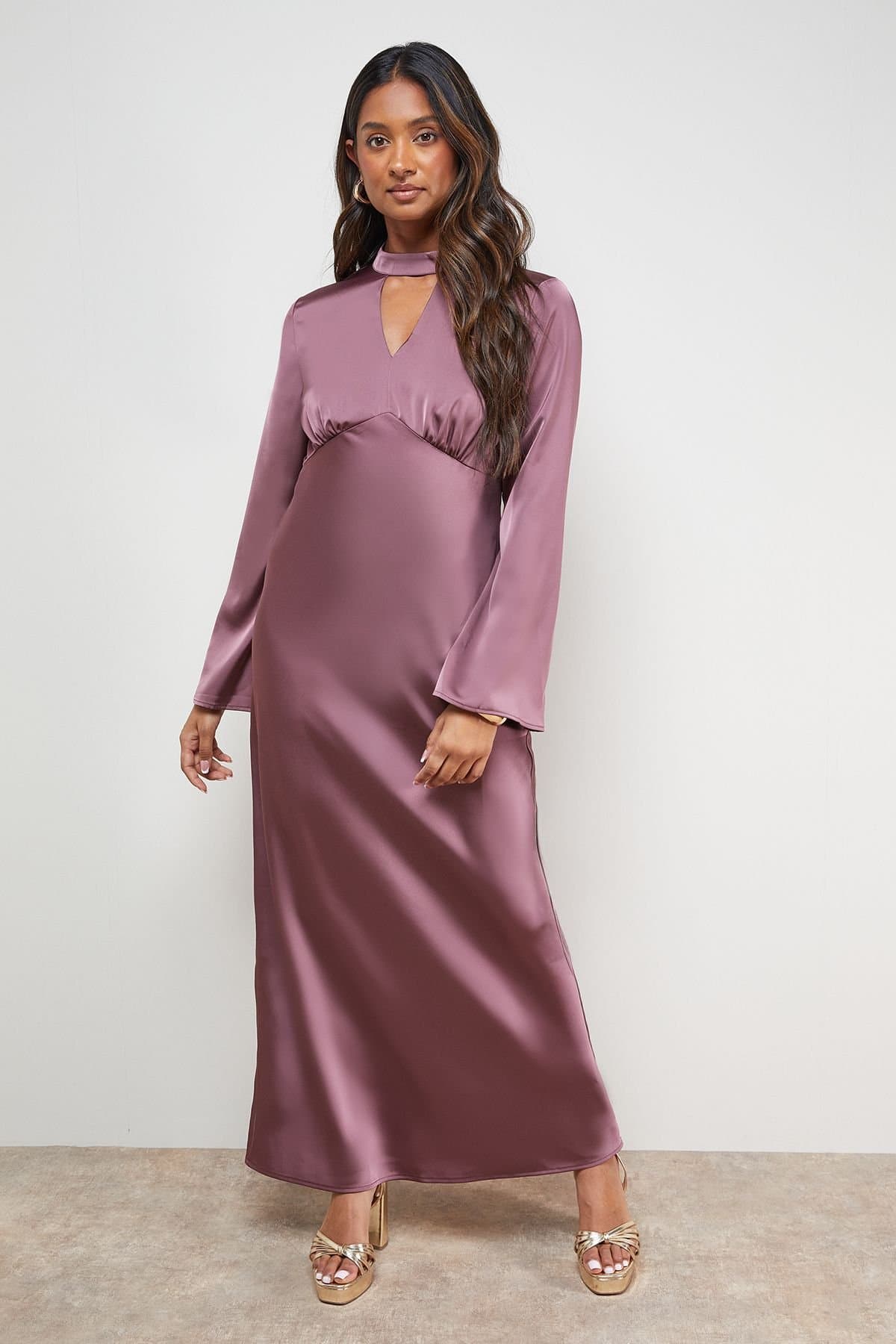 Oasis Oasis Women's Satin Cut Out Flare Sleeve Bias Midi Dress in Mauve