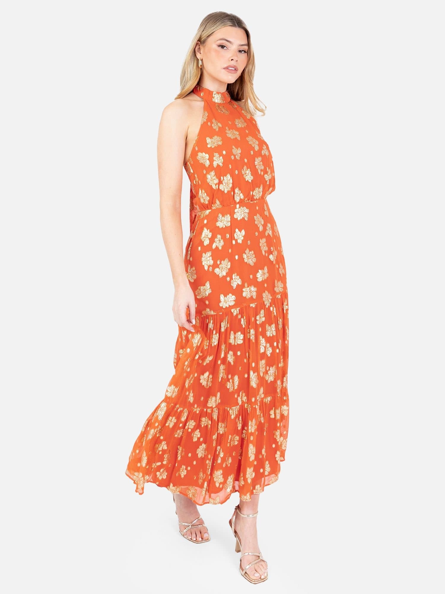 Maya Deluxe Maya Deluxe Women's Floral Halter Neck Tiered Midaxi Dress in Orange