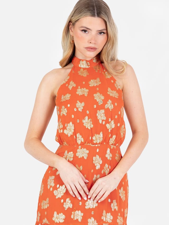 Maya Deluxe Maya Deluxe Women's Floral Halter Neck Tiered Midaxi Dress in Orange - 2