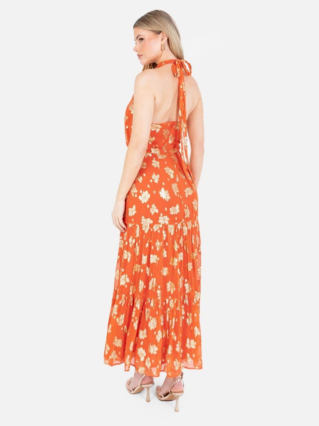 Maya Deluxe Maya Deluxe Women's Floral Halter Neck Tiered Midaxi Dress in Orange - 3