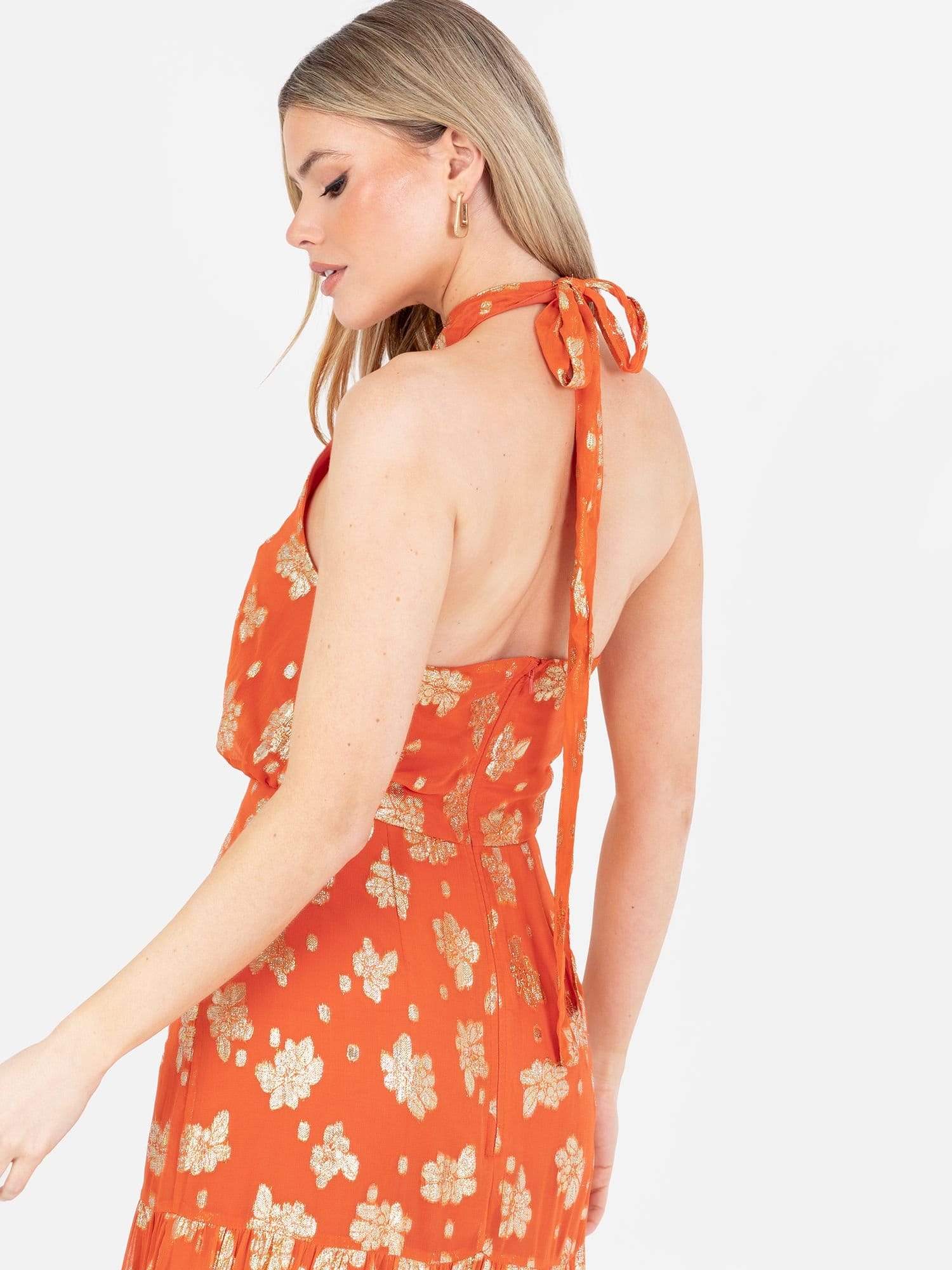 Maya Deluxe Maya Deluxe Women's Floral Halter Neck Tiered Midaxi Dress in Orange - 4