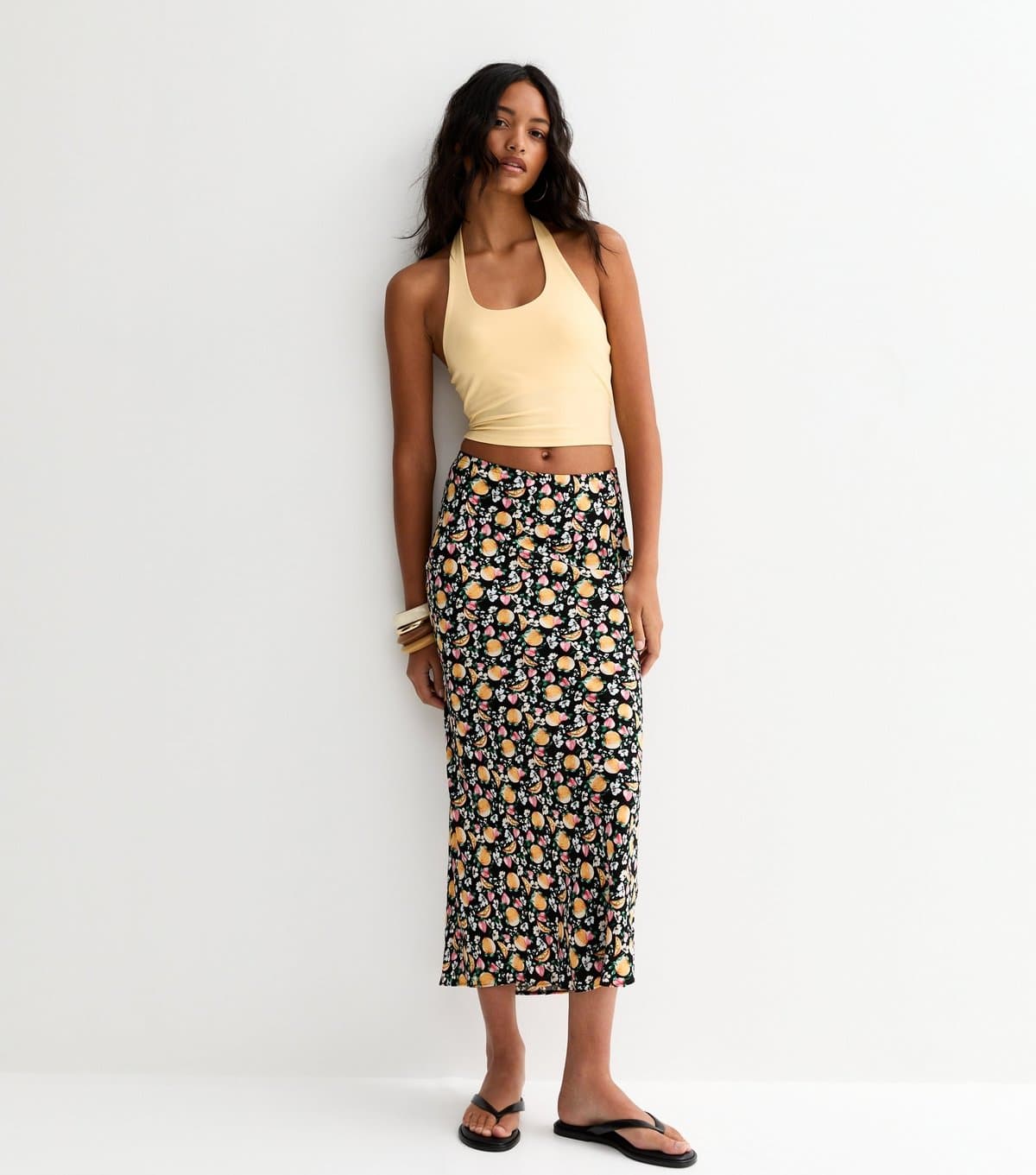 New Look Women's Black Fruit Print Bias Cut Midi Skirt New Look