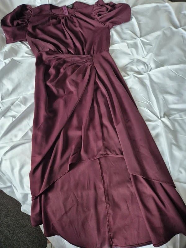 AX Paris AX Paris Plum Burgundy Puff Sleeve High-Low Wrap Midi Dress - Size 14