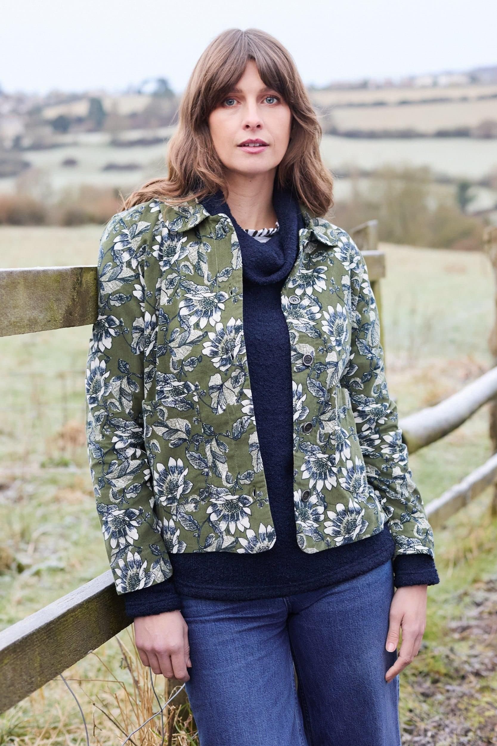 Lily & Me Lily & Me Women's Ash Cotton Floral Print Cord Jacket with Patch pockets in Green