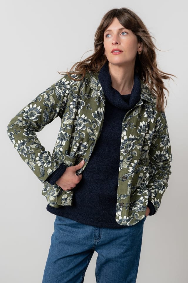 Lily & Me Lily & Me Women's Ash Cotton Floral Print Cord Jacket with Patch pockets in Green - 2