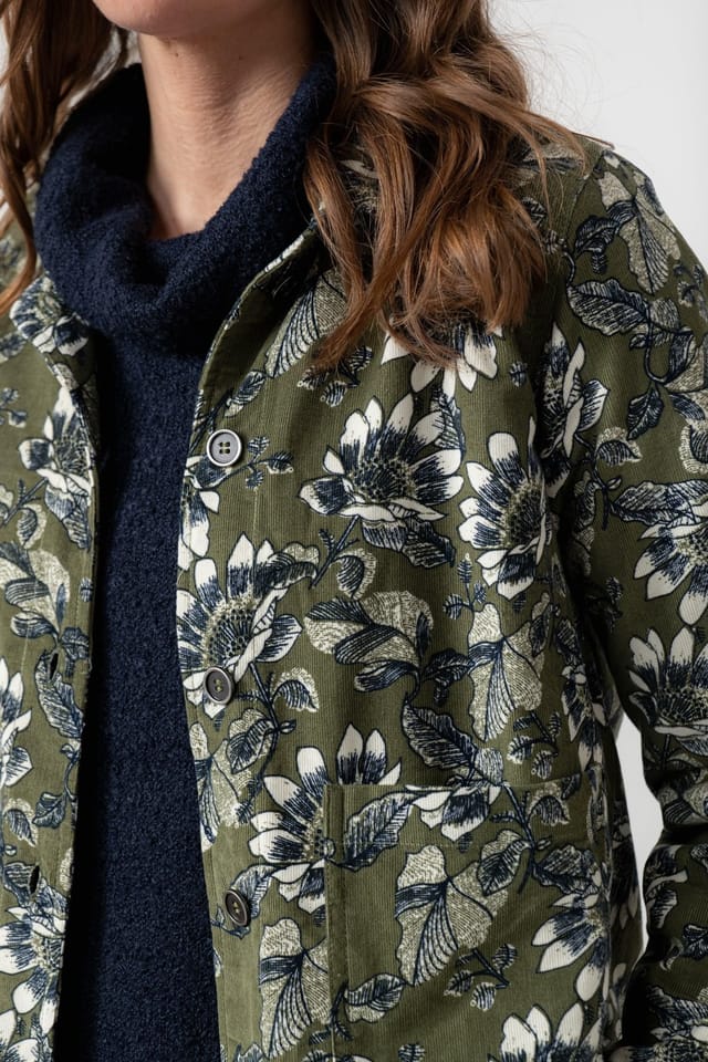Lily & Me Lily & Me Women's Ash Cotton Floral Print Cord Jacket with Patch pockets in Green - 3