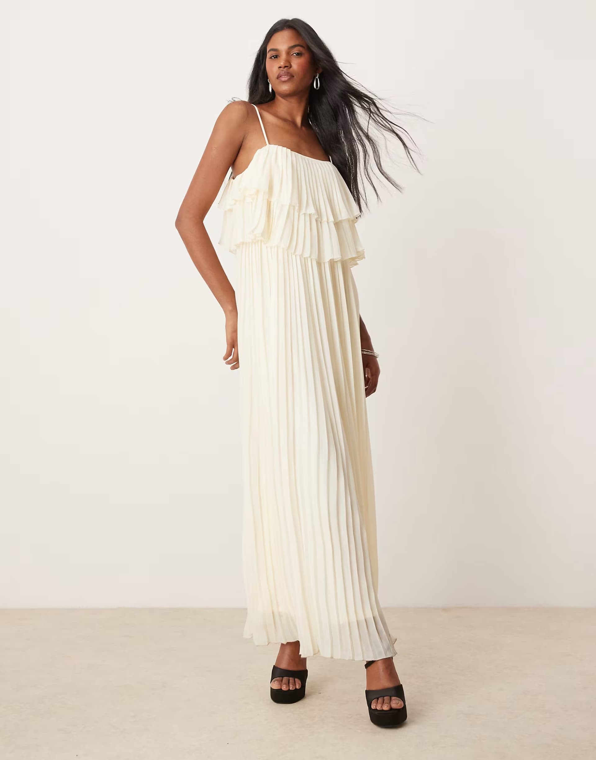 ASOS Vila pleated ruffle layer cami maxi dress in birch cream