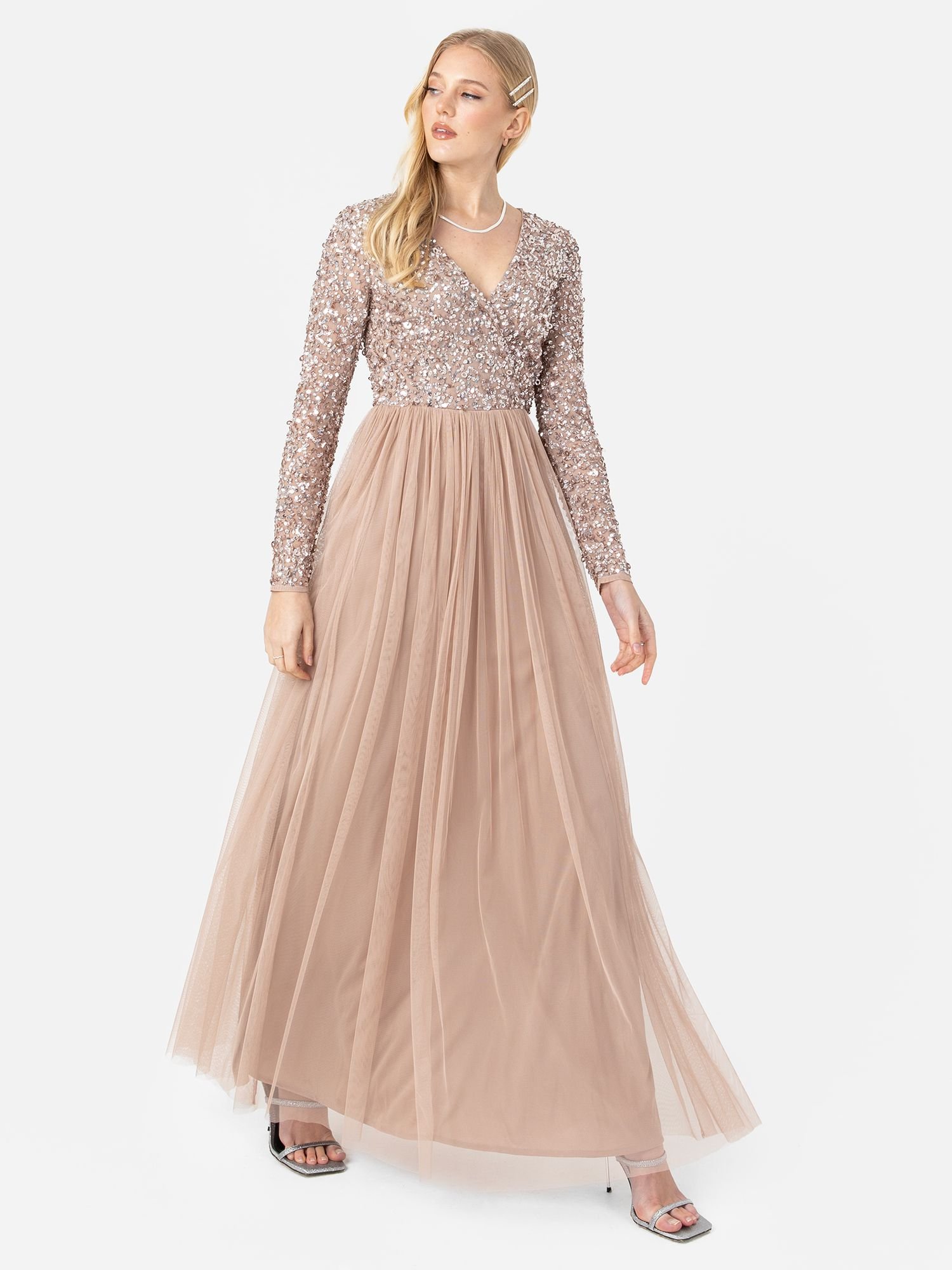 Maya Deluxe Maya Deluxe Women's Faux Wrap Front Embellished Maxi Dress in Taupe - 2