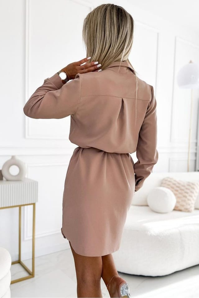 Love Lace Love Lace Women's Beige Shirt Dress with Pockets Binding - 3