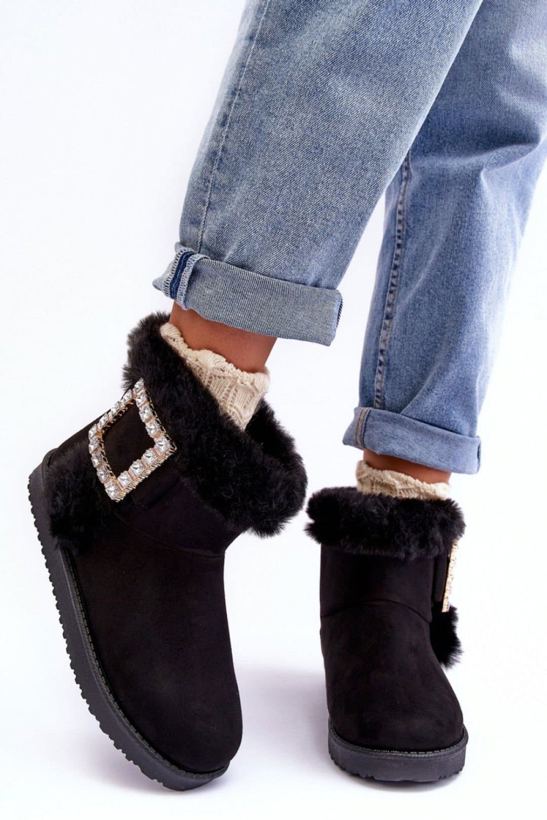 Love Lace Love Lace Women's Snow Boots Buckle Fur Lined Suede Winter Comfort Warmth in Black