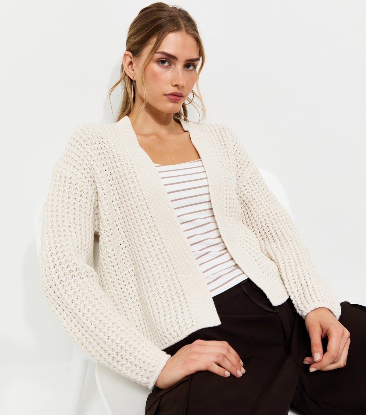 New Look Women's Off White Moss Stitch Open Front Cardigan New Look