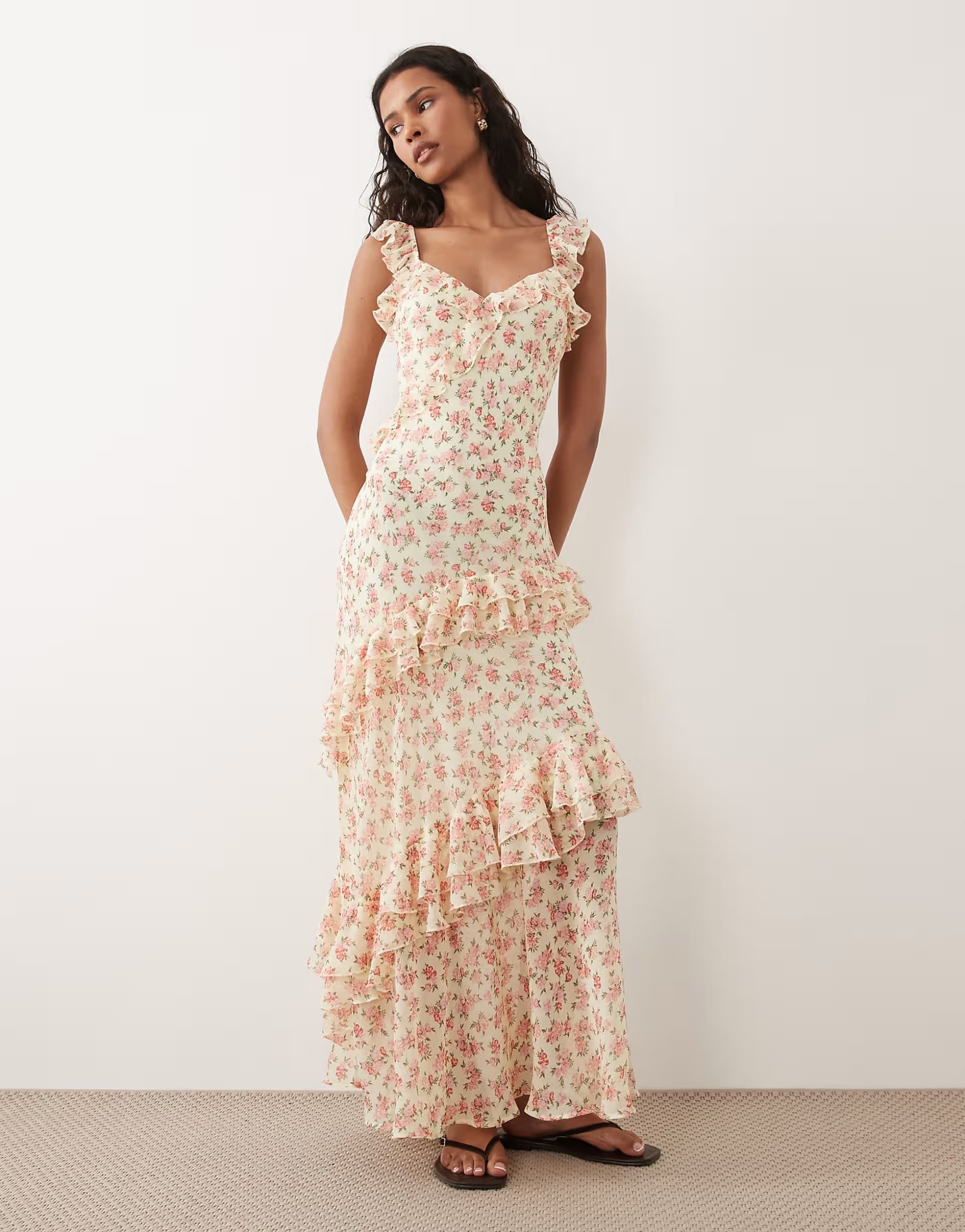 ASOS New Look floral bouquet print ruffle maxi dress in yellow