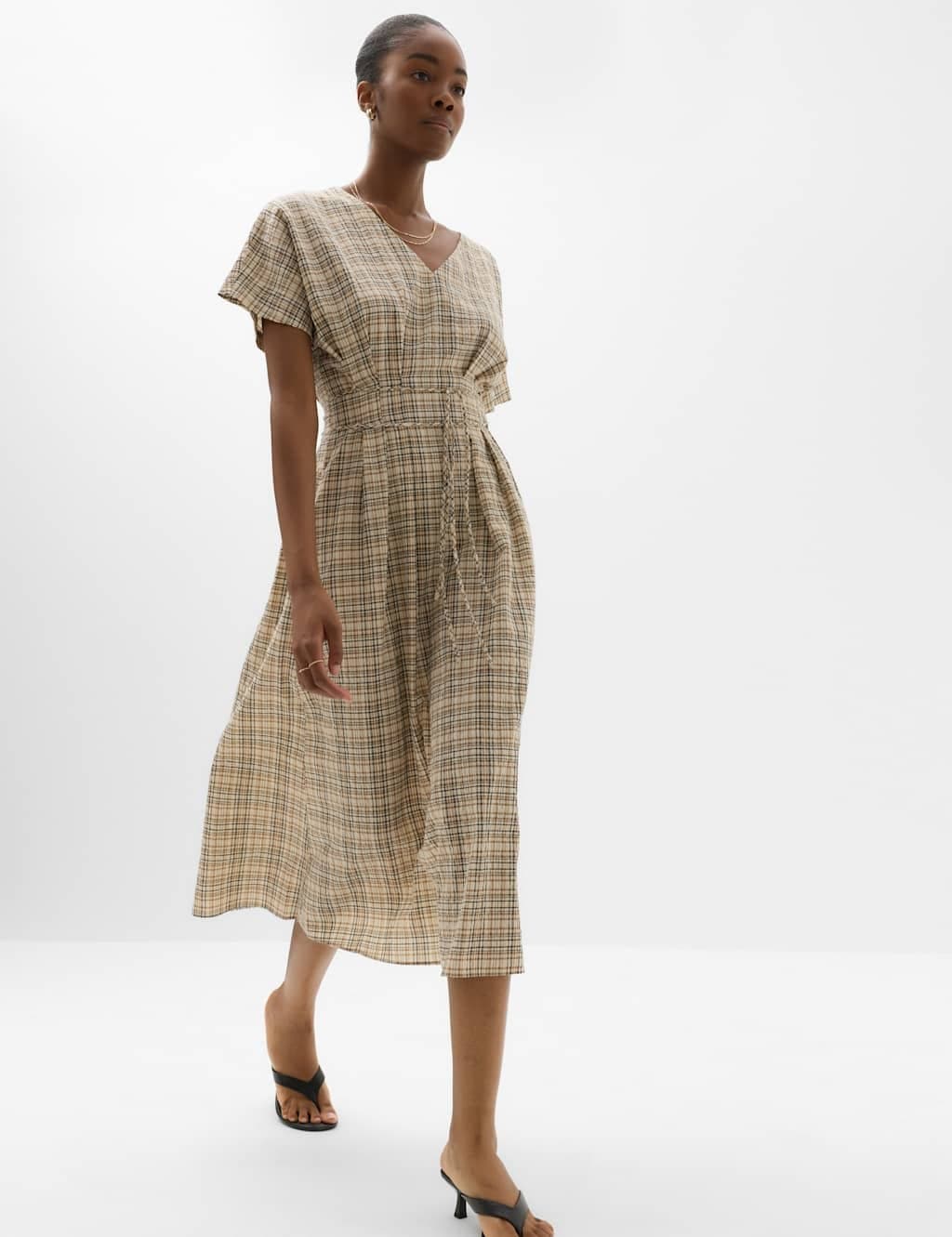 Marks & Spencer M&S Pure Cotton Checked V-Neck Midi Waisted Dress Beige Mix