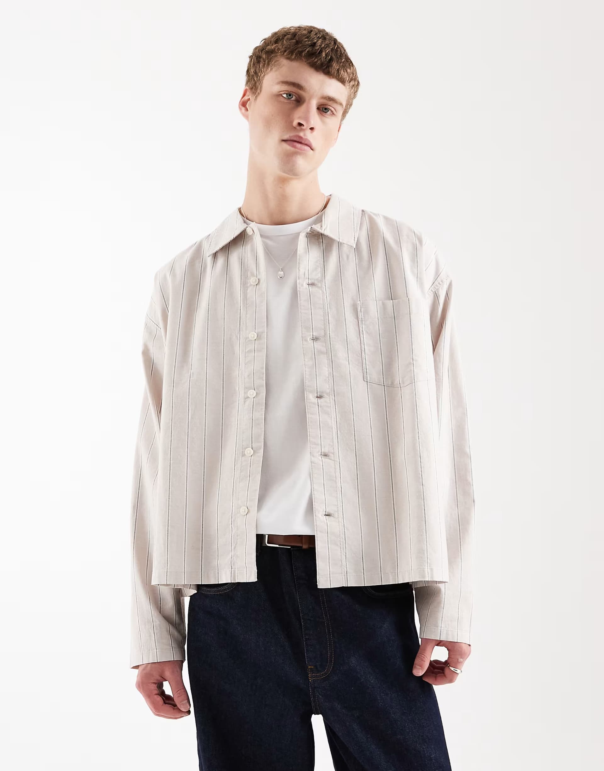 ASOS Jack & Jones boxy long sleeve shirt in beige and black stripe