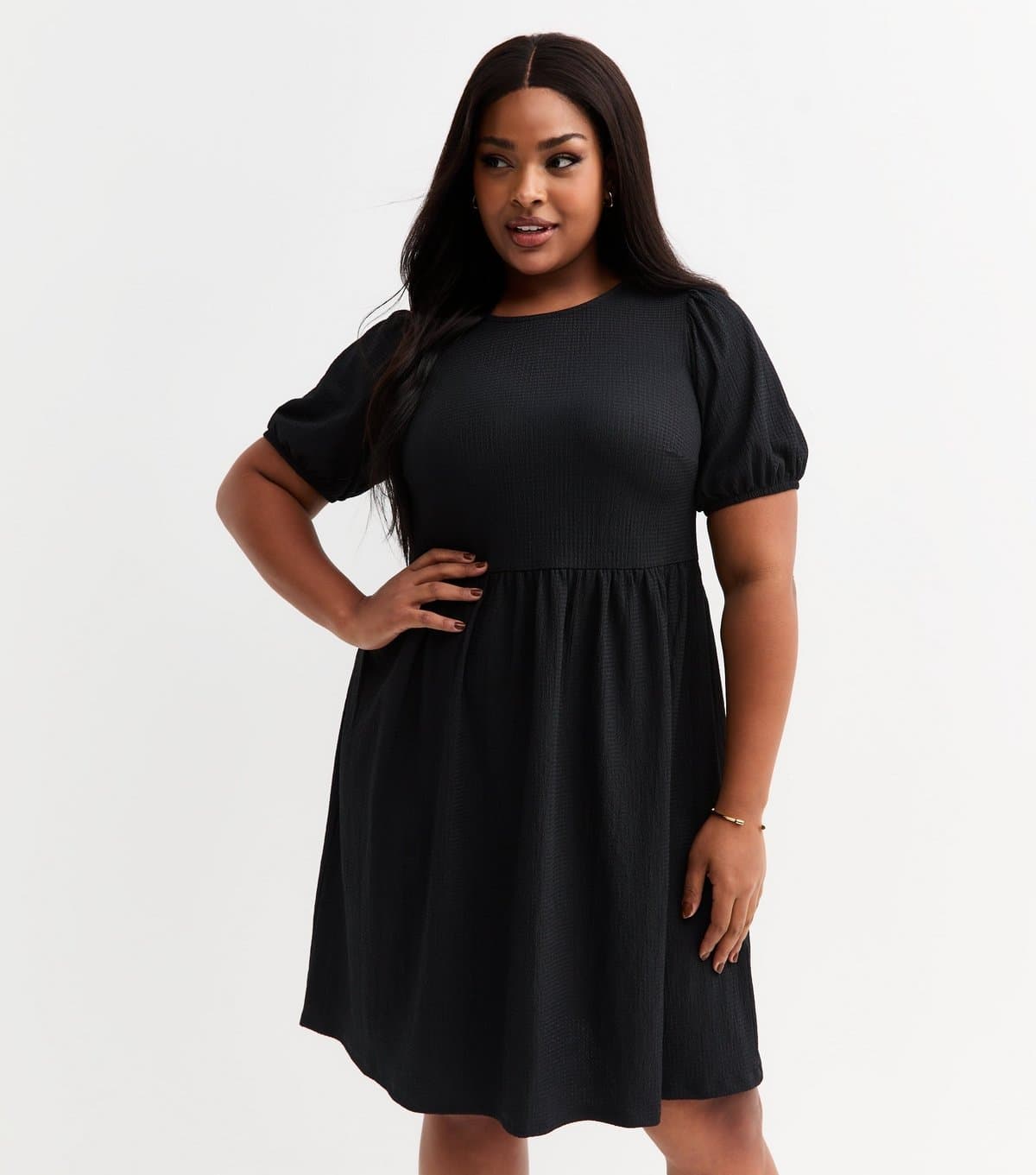 New Look Women's Plus Size Black Crinkled Bow Back Mini Smock Dress Curves New Look