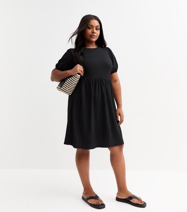 New Look Women's Plus Size Black Crinkled Bow Back Mini Smock Dress Curves New Look - 3