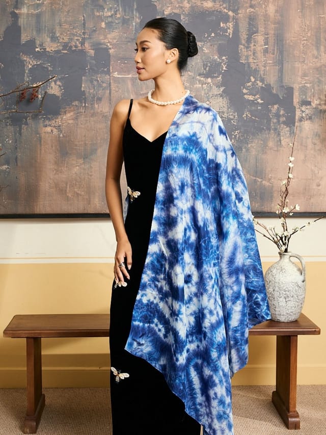 Silk and Bears Silk and Bears Women's Indigo Blue Shibori Silk Scarf - Wedding Silk Shawl, Lightweight Wrap - 2