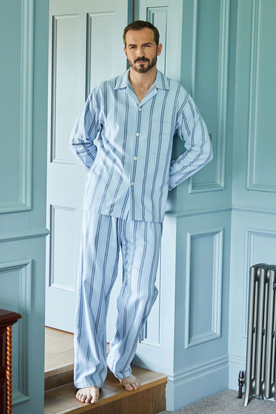 British Boxers British Boxers Men's "Brighton Blue" Stripe Brushed Cotton Pyjama Set in Light Blue