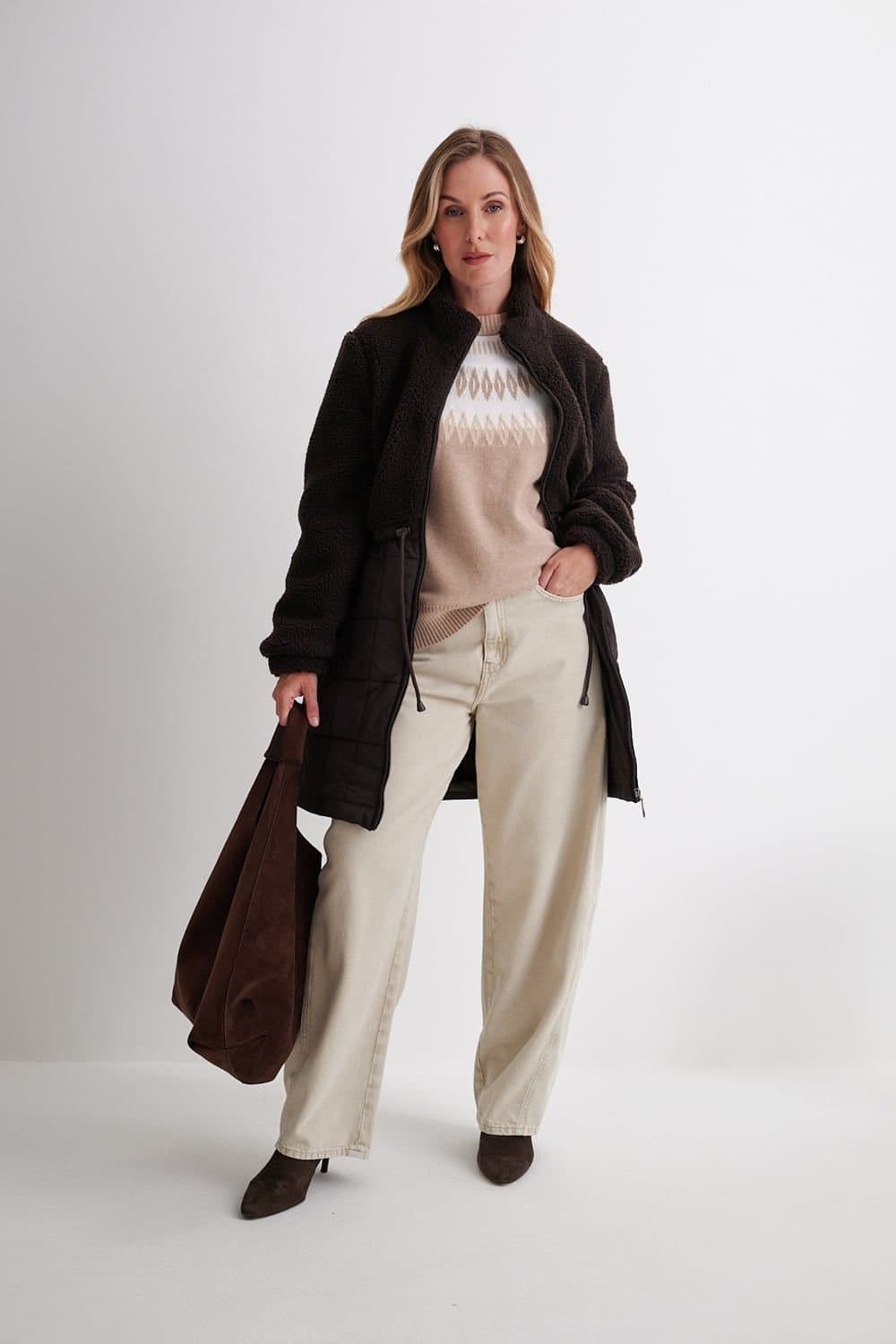 Anna Rose Anna Rose Women's Teddy & Quilted Zip Up Coat in Dark Brown