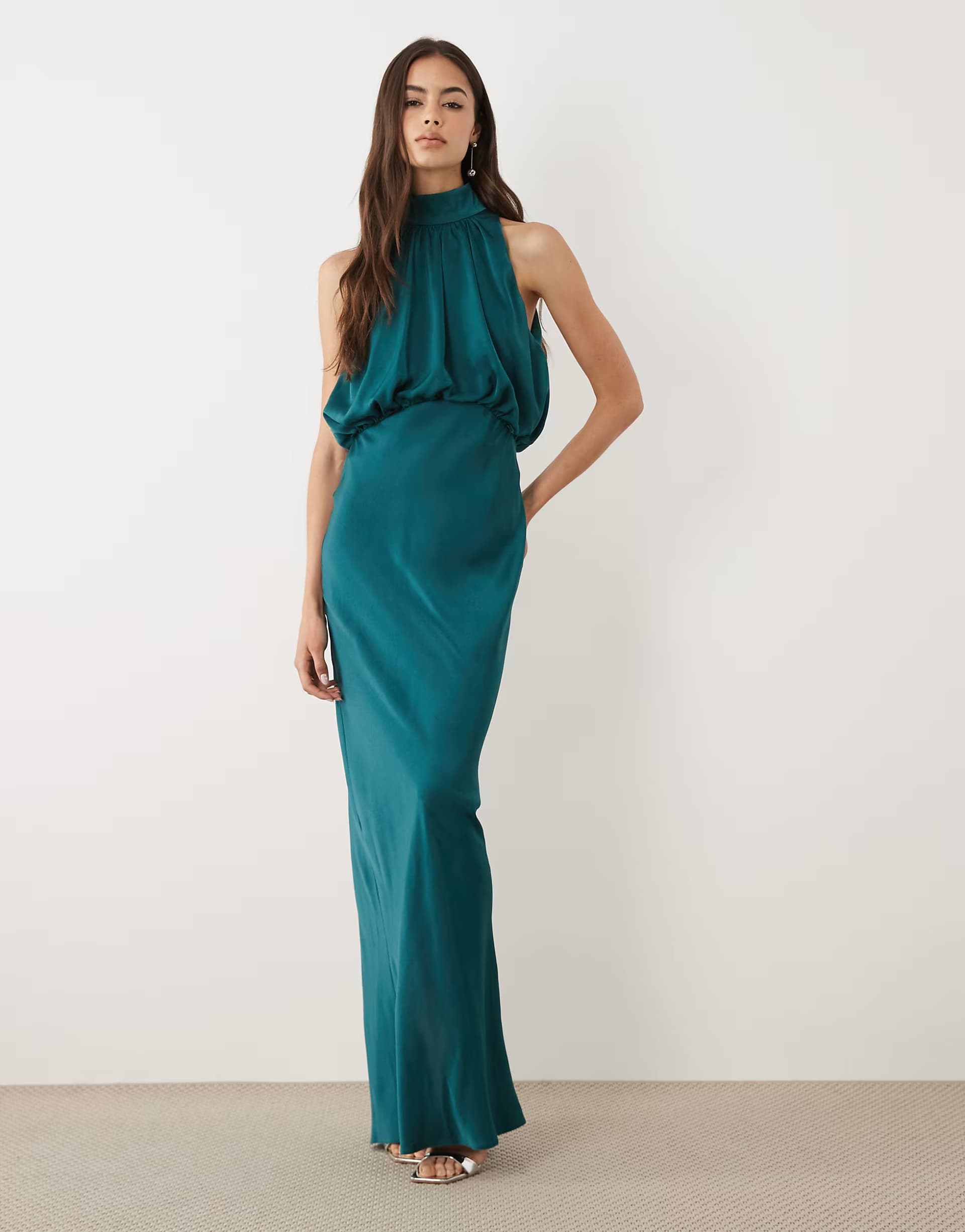 ASOS ASOS DESIGN Tall halter neck blouson satin maxi dress in teal