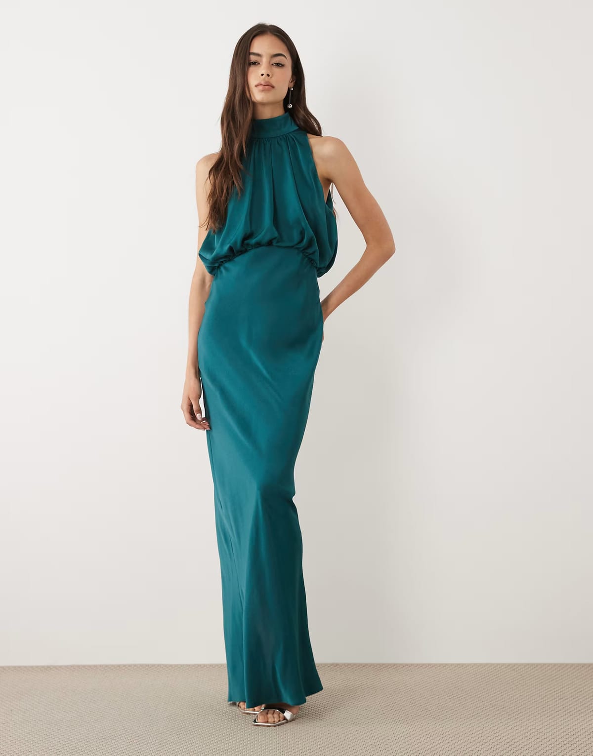 ASOS ASOS DESIGN Tall halter neck blouson satin maxi dress in teal - 1