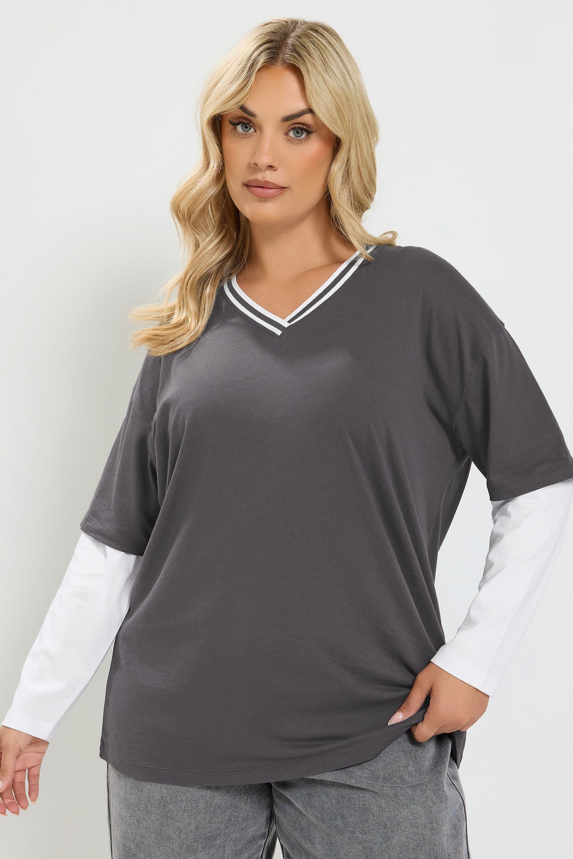 Yours Plus Size Grey 2In1 Varsity Top