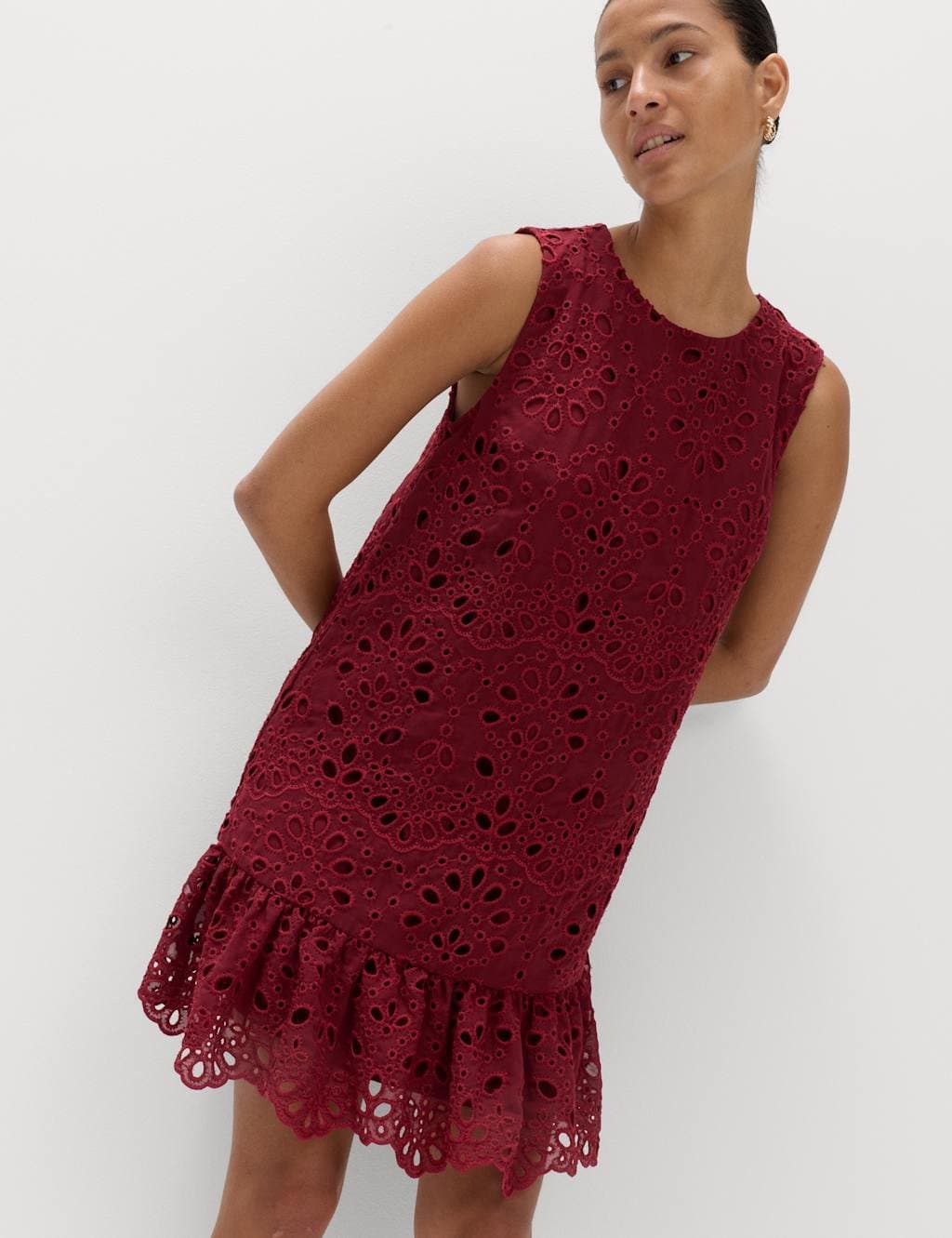 Marks & Spencer M&S Broderie Cutwork Detail Mini Shift Dress Wine