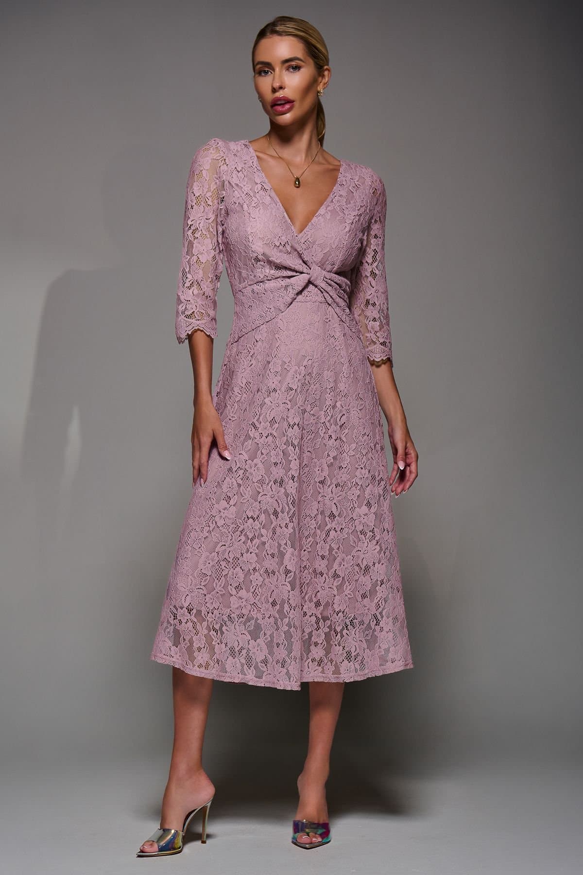 Jolie Moi Jolie Moi Women's Lace Detail Long Sleeve Midi Dress in Pink