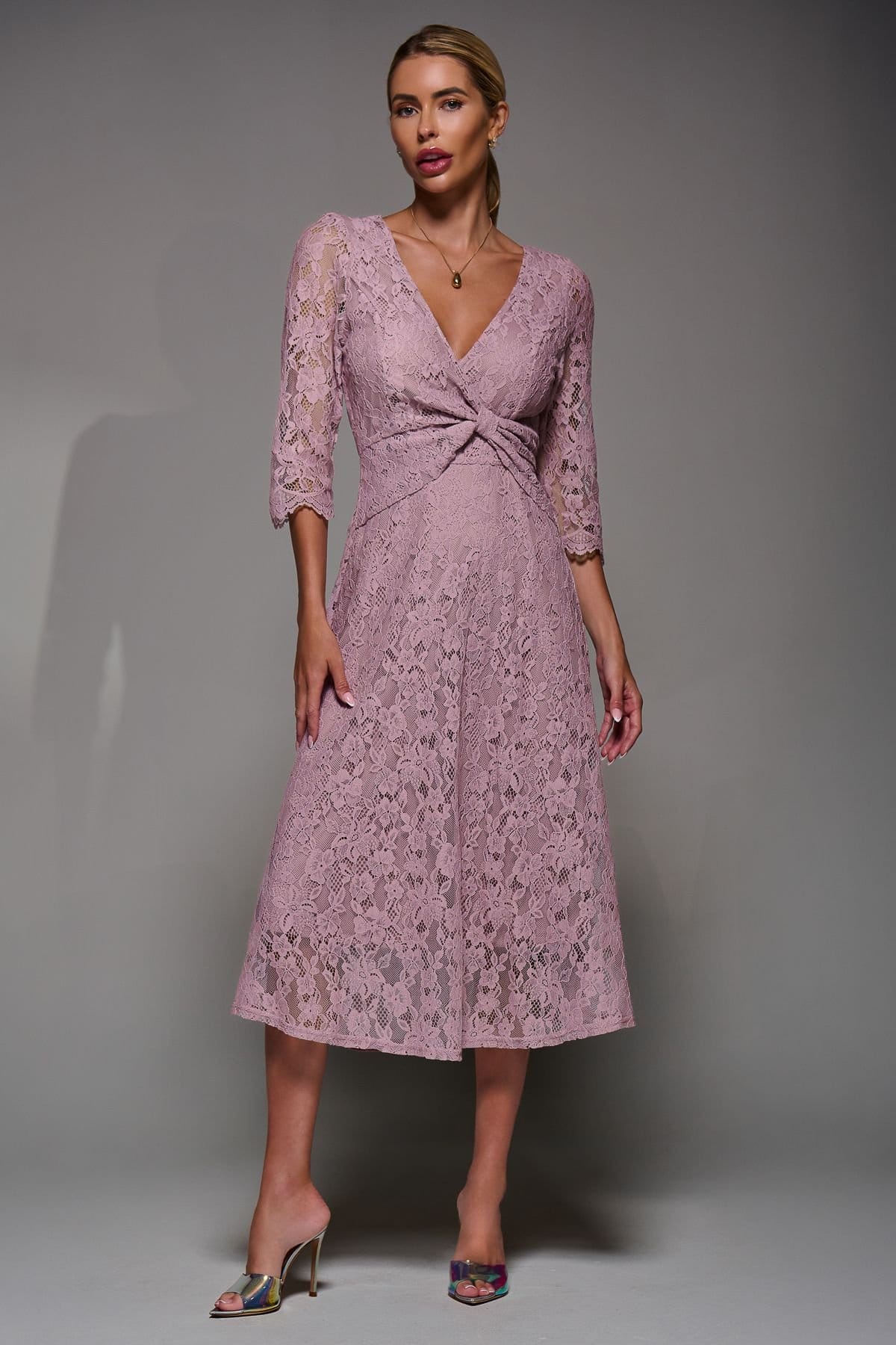 Jolie Moi Pink Lace Midi Dress with Sheer Sleeves