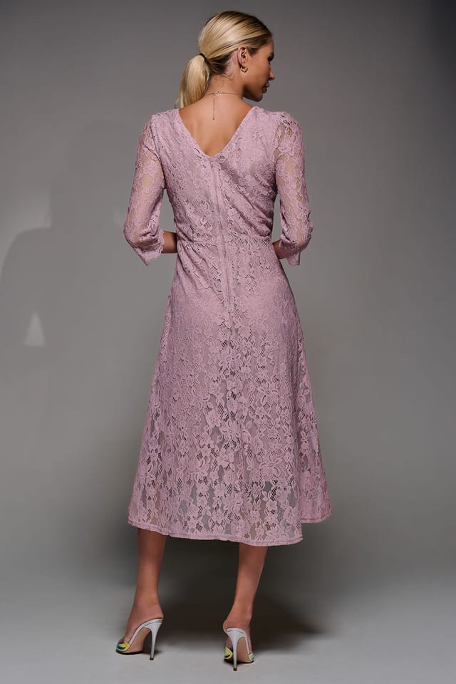 Jolie Moi Jolie Moi Women's Lace Detail Long Sleeve Midi Dress in Pink - 2