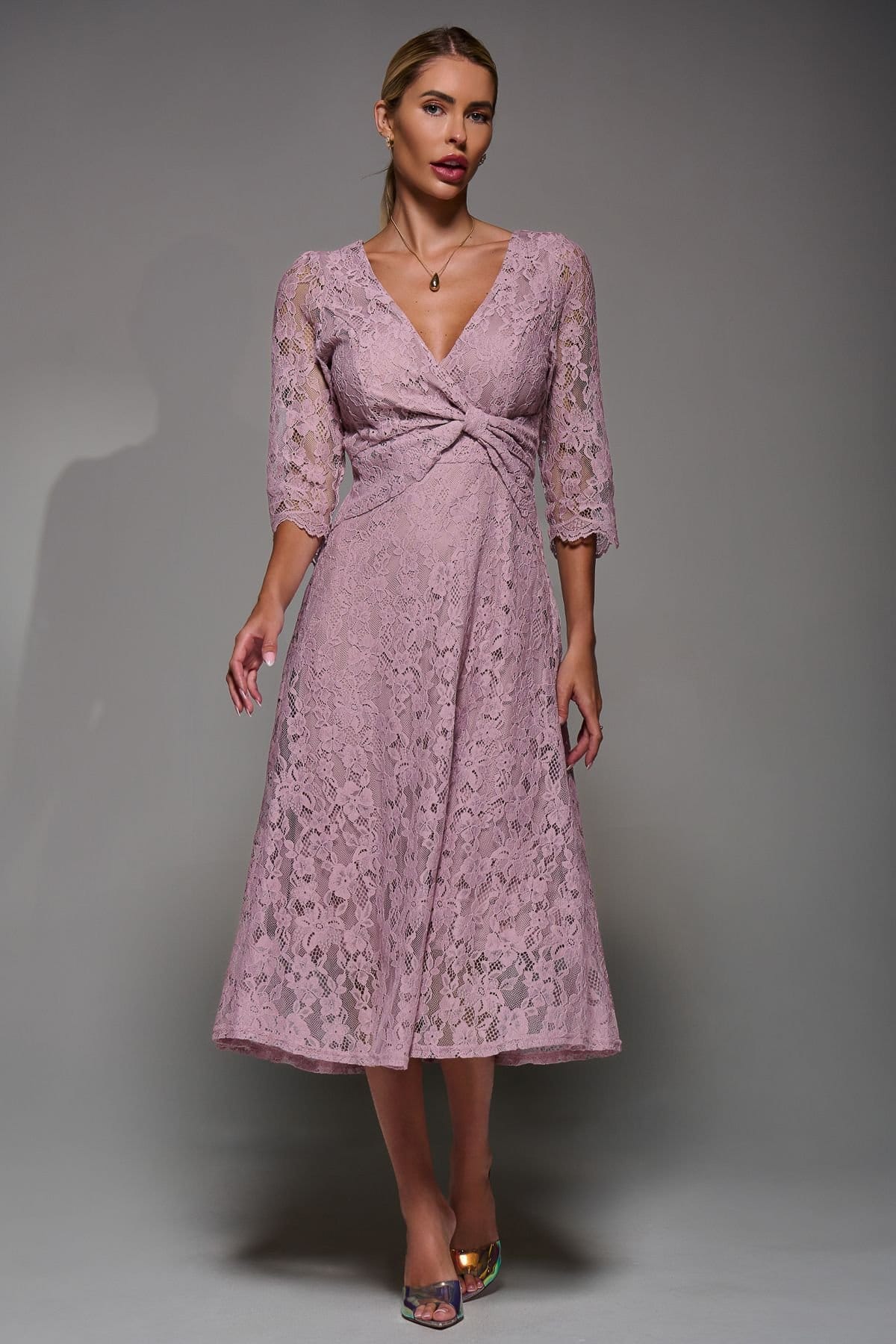 Jolie Moi Jolie Moi Women's Lace Detail Long Sleeve Midi Dress in Pink - 4