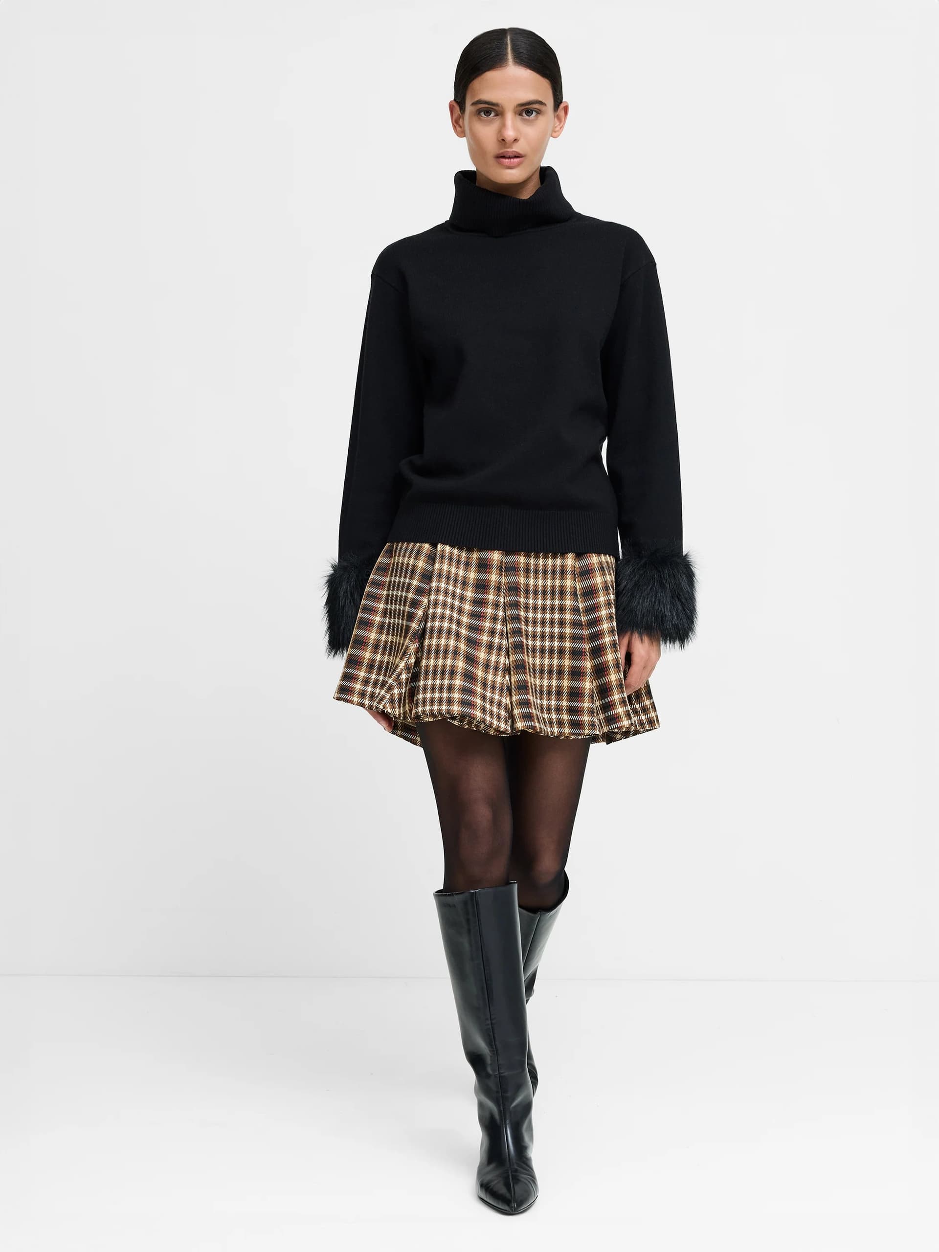 French Connection Moana Black Faux Fur Cuff Roll Neck Jumper Black
