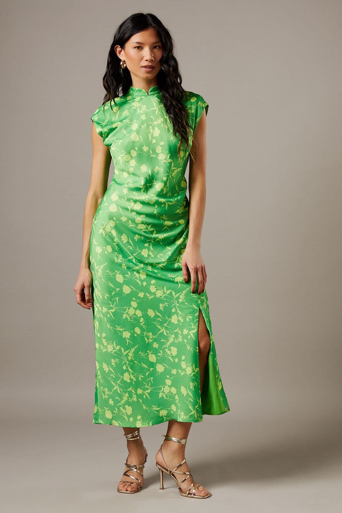 Warehouse Warehouse Women's Crinkle Satin Button Side Midi Dress in Floral