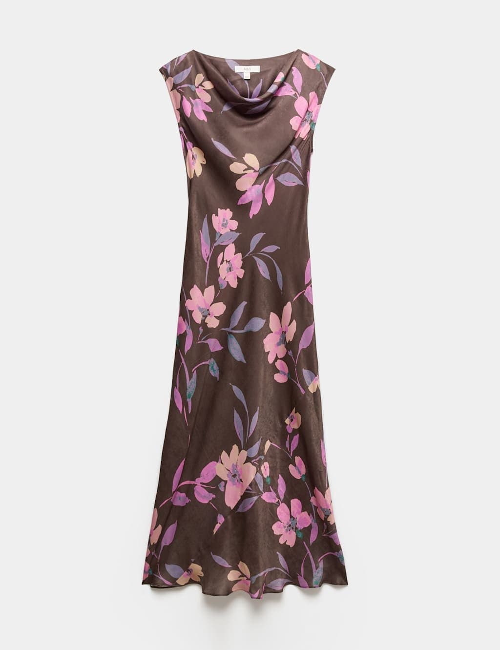 Marks & Spencer M&S Satin Floral Cowl Neck Maxi Slip Dress Chocolate Mix