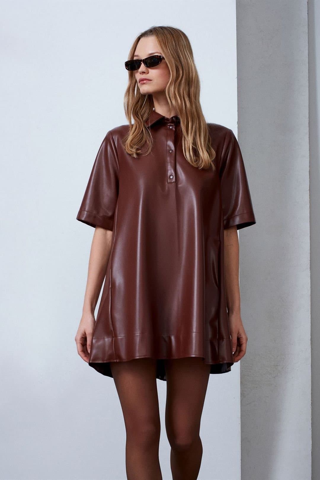 Dilvin Dilvin Women's Loose Fit Faux Leather Mini Shirt Dress in Brown