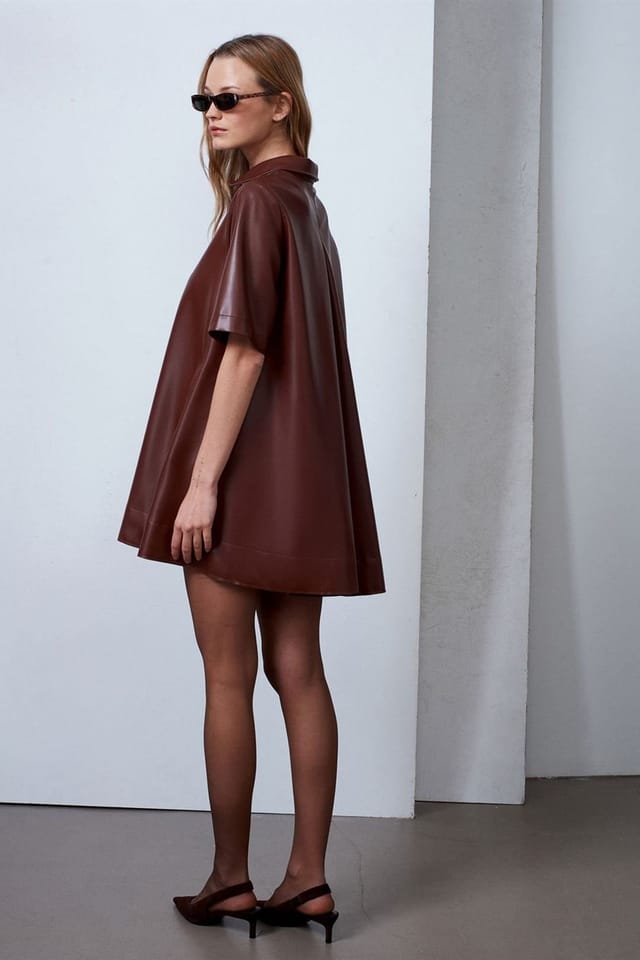 Dilvin Dilvin Women's Loose Fit Faux Leather Mini Shirt Dress in Brown - 2