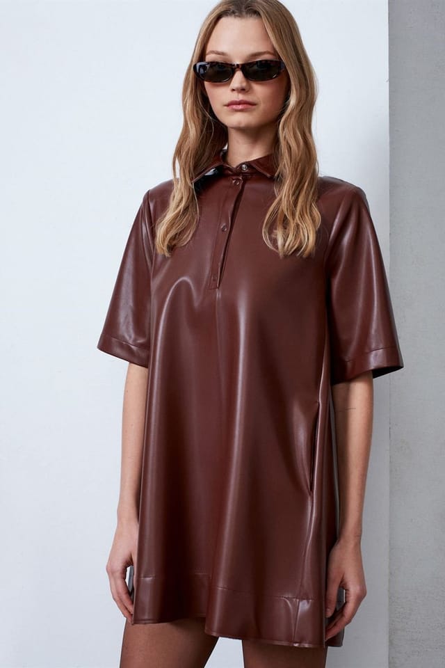 Dilvin Dilvin Women's Loose Fit Faux Leather Mini Shirt Dress in Brown - 3
