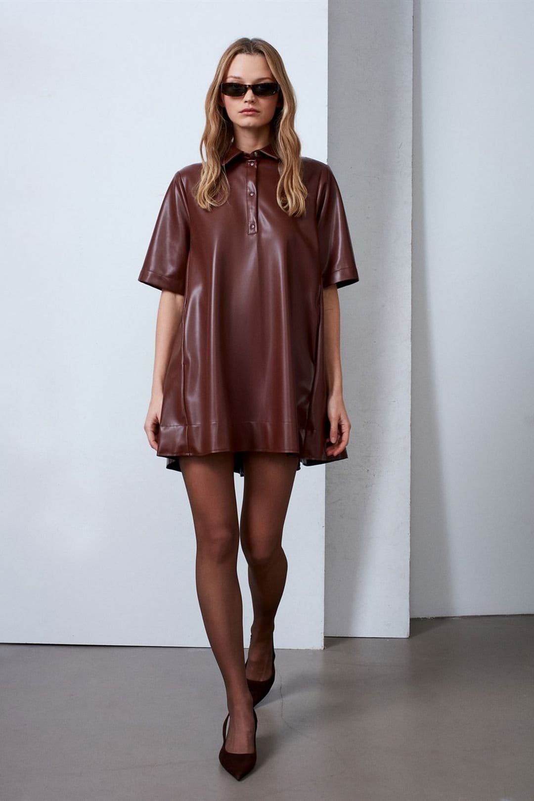 Dilvin Dilvin Women's Loose Fit Faux Leather Mini Shirt Dress in Brown - 4