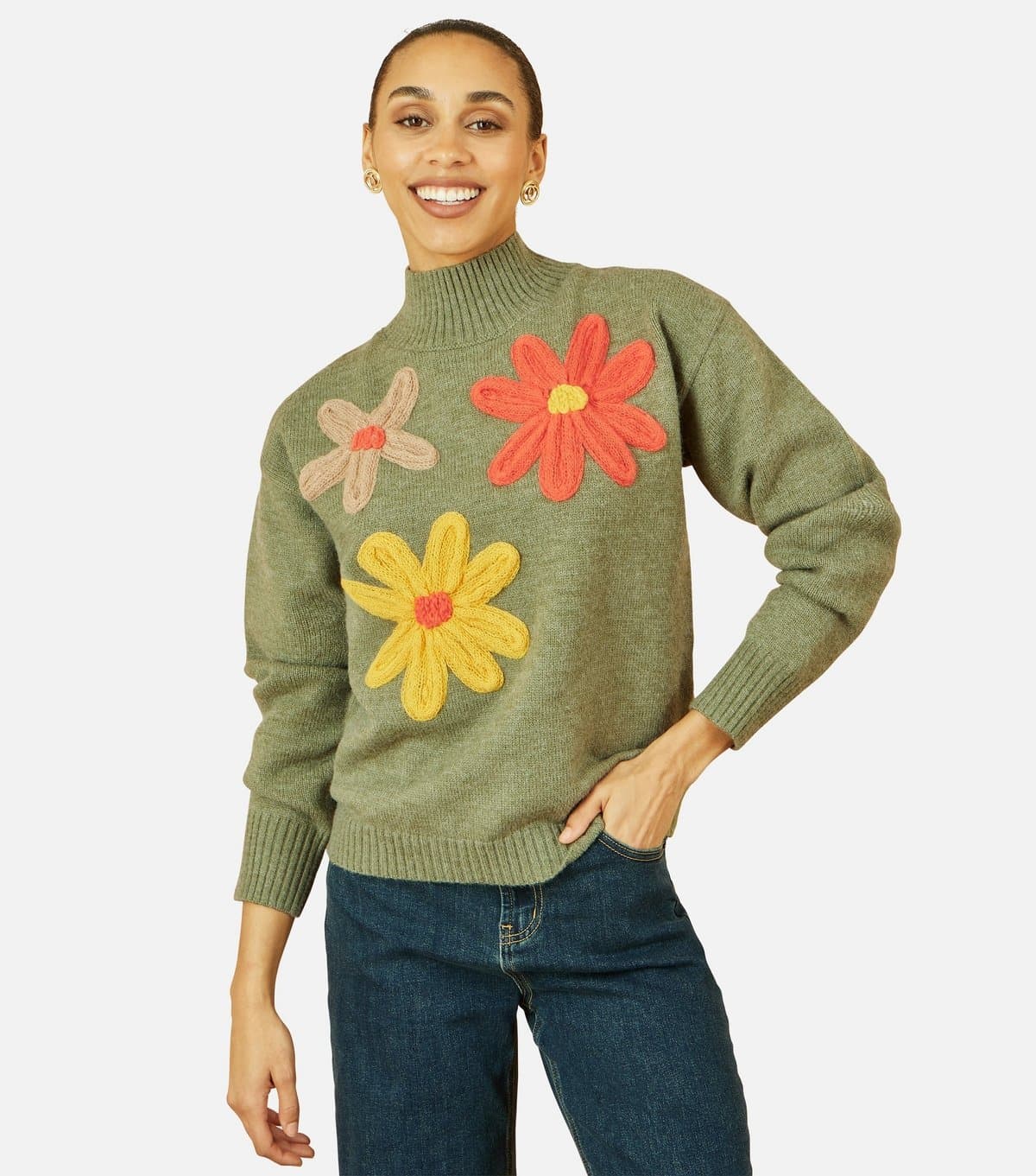 Yumi Women's Green Floral Appliqued Jumper Yumi New Look