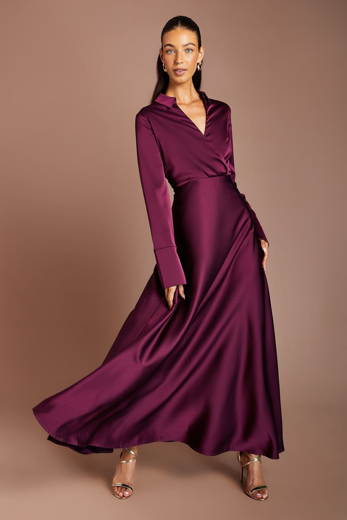 Coast Coast Women's Wrap Front Satin Maxi Dress in Fig
