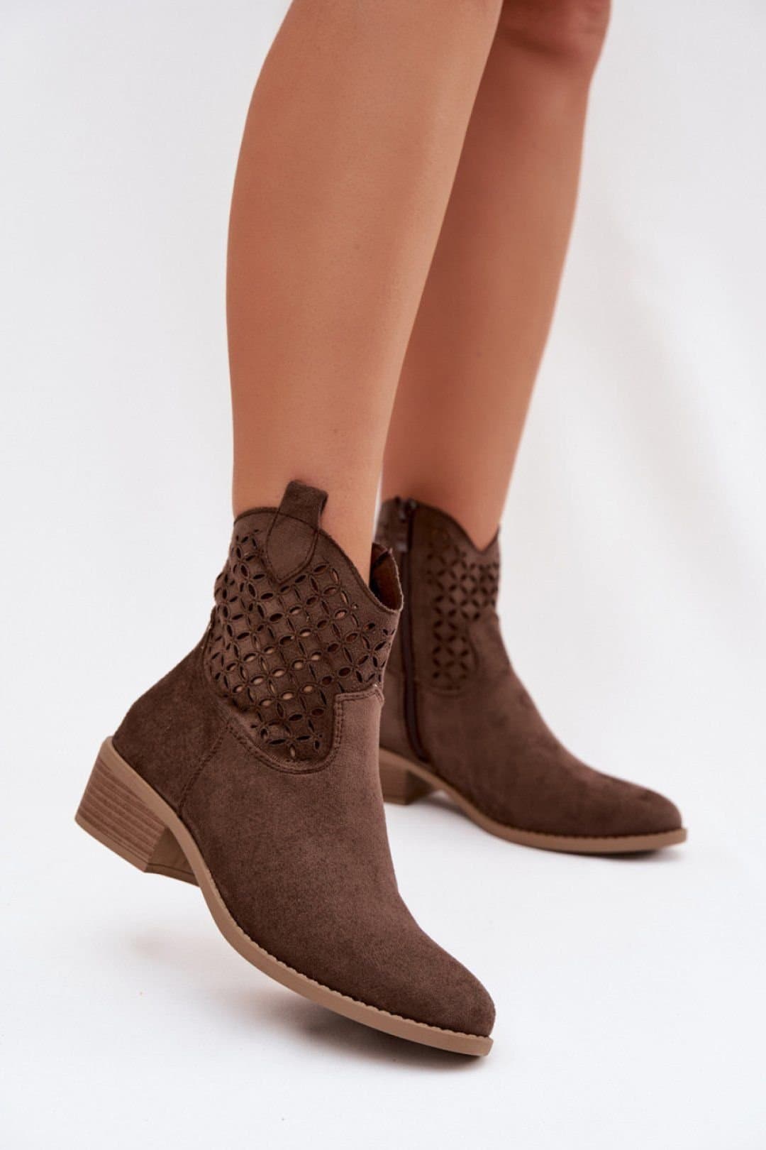 Love Lace Love Lace Women's Openwork Ankle Boots with Side Zipper Suede Insole in Brown