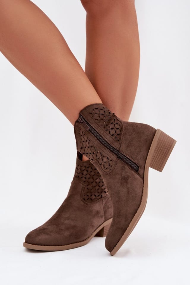 Love Lace Love Lace Women's Openwork Ankle Boots with Side Zipper Suede Insole in Brown - 3