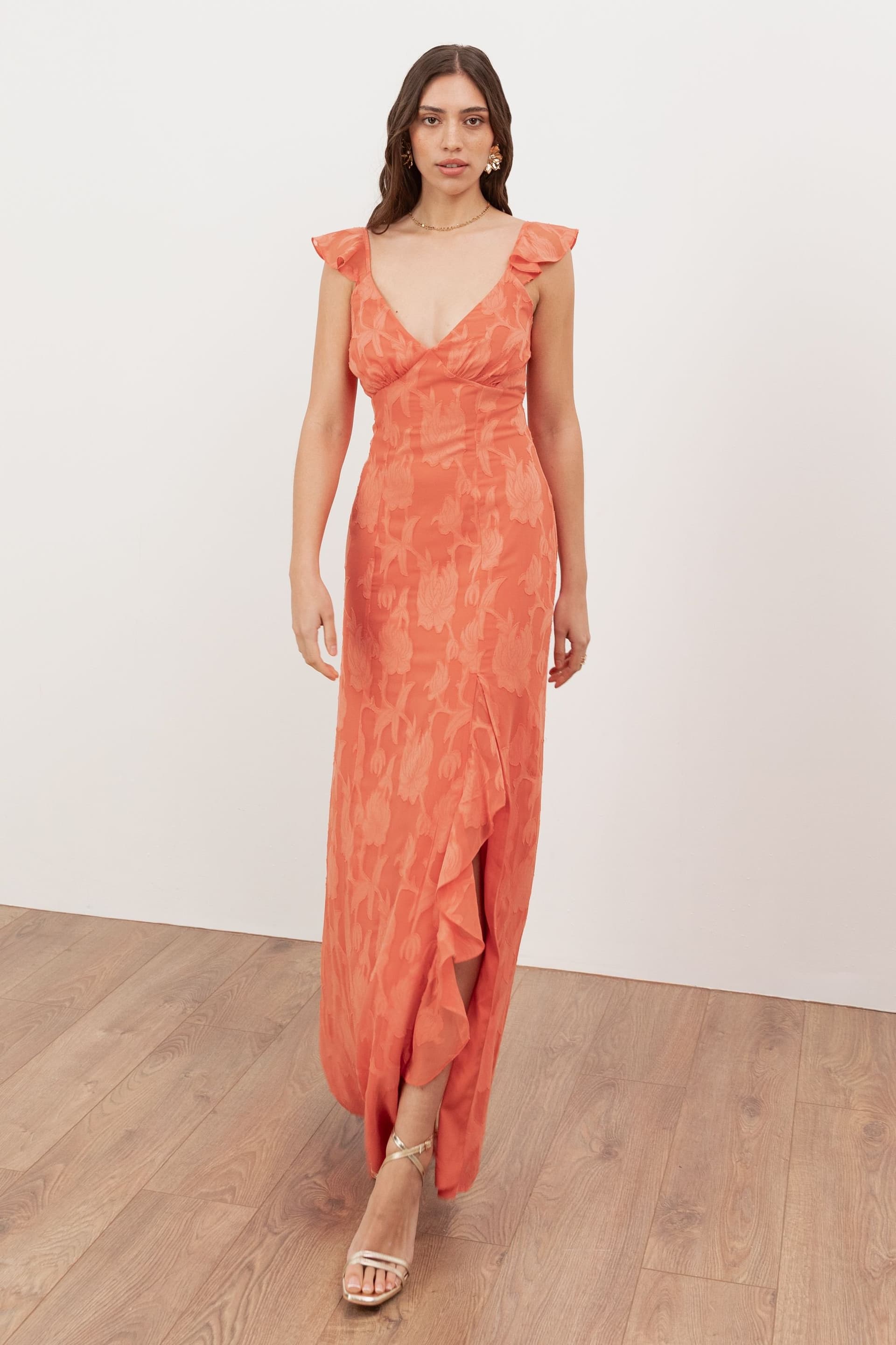 Anaya with Love Anaya with Love Women's Strappy V Neck Ruffled Maxi Dress in Coral