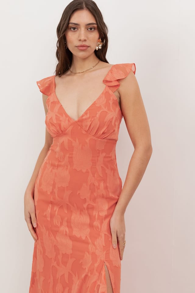 Anaya with Love Anaya with Love Women's Strappy V Neck Ruffled Maxi Dress in Coral - 3