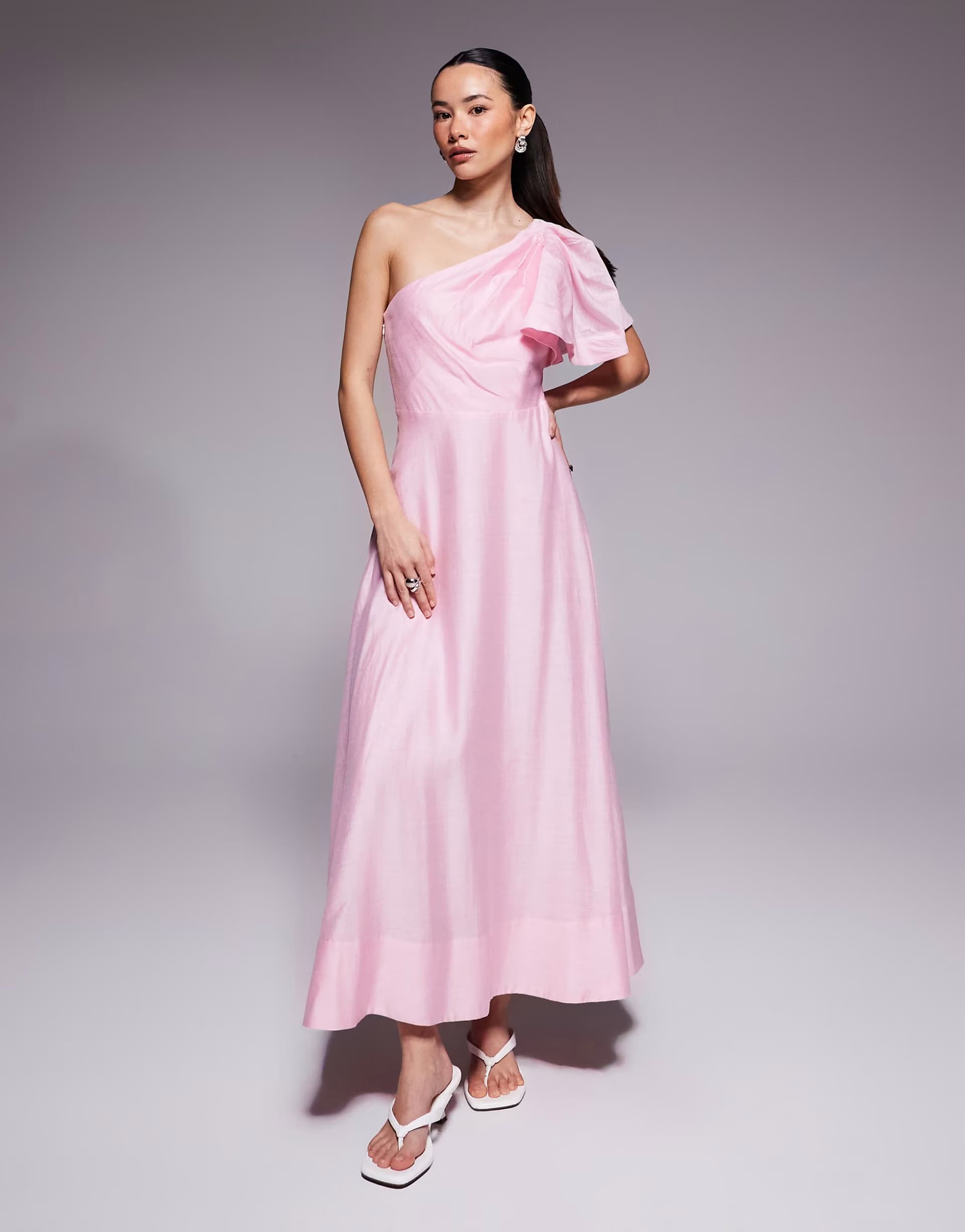 ASOS ASOS Pink Linen One Shoulder Midi Dress