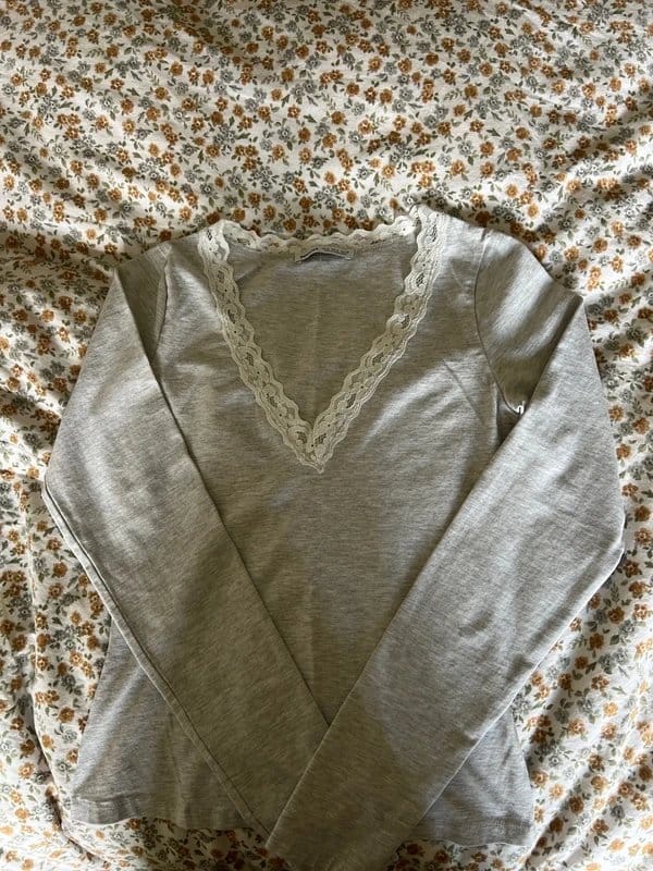 Bershka Grey Lace-Trimmed Long-Sleeve Top Size M